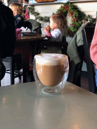 Big Bear's cappuccino in double-walled glass Boston Globe by Joan Wilder Dedham, ma cafe