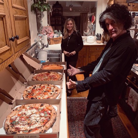Fire & Stone fans, Aerosmith’s Joe Perry and his wife Billie at home in Duxbury with a quartet of Jeffcote’s pizzas. by Joan Wilder Boston Globe Joe Perry