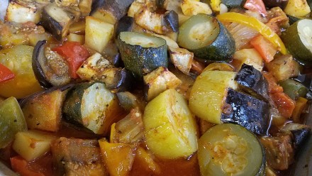 The tourlou: a rustic baked dish of large hunks of eggplant, carrots, zucchini, onion, potatoes, and garlic in olive oil