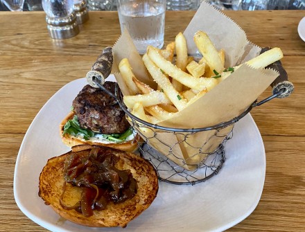 The lamb burger with caramelized onions and truffle fries