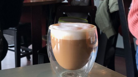 Big Bear's cappuccino in double-walled glass Boston Globe by Joan Wilder Dedham, ma cafe